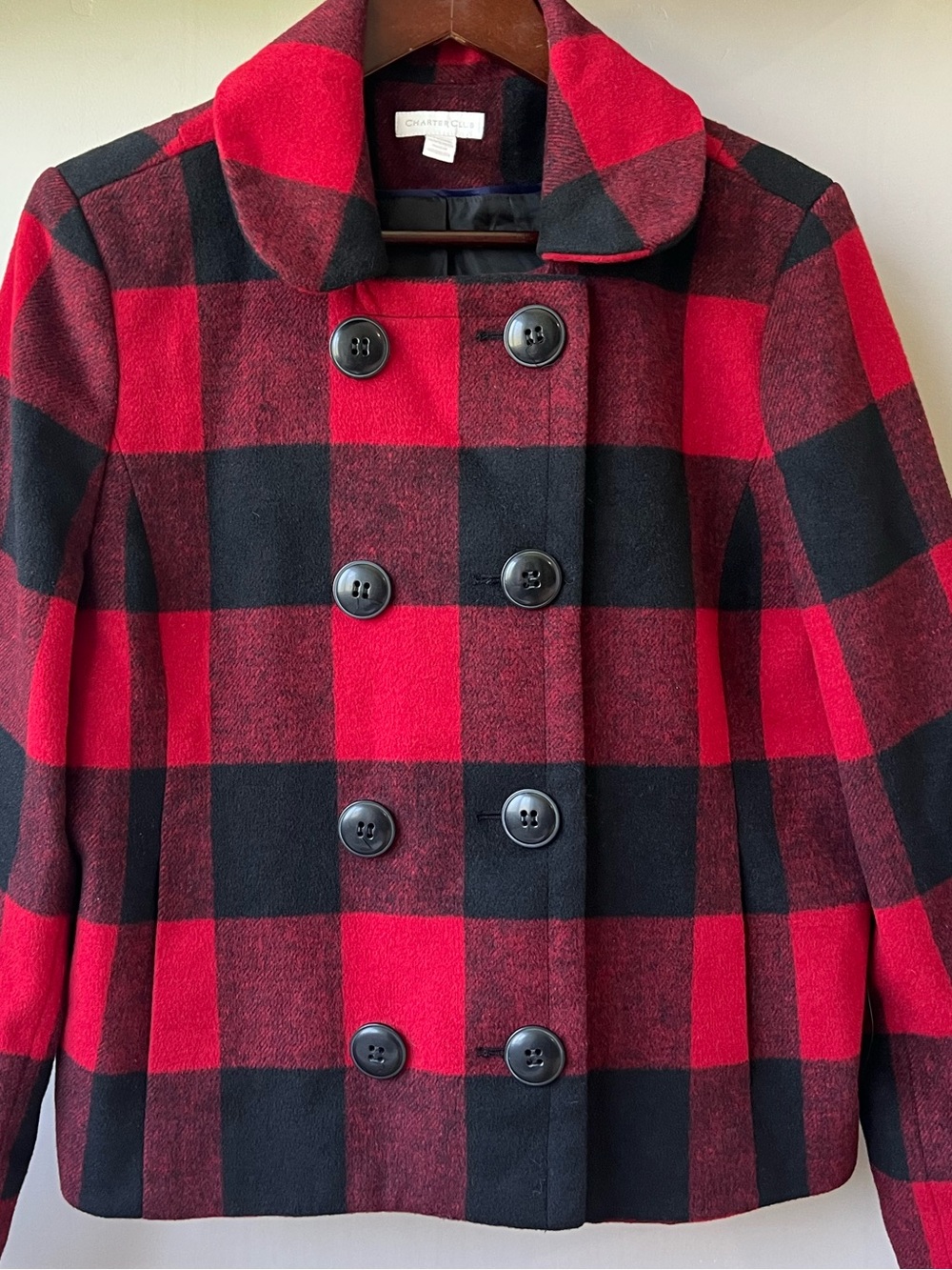 Charter Club Wool Blend Red Black Buffalo Plaid Pea Coat Jacket Womens Large